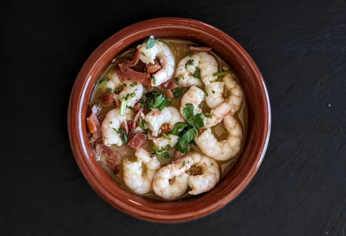 Gambas con fino y jamón