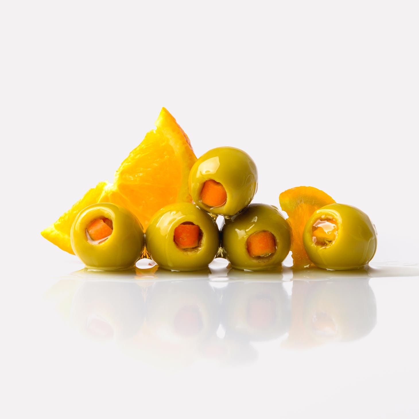 Orange stuffed green olives Gordal