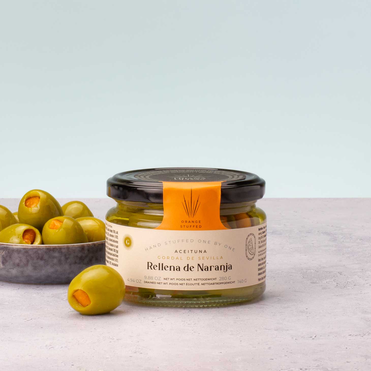 Orange stuffed green olives Gordal
